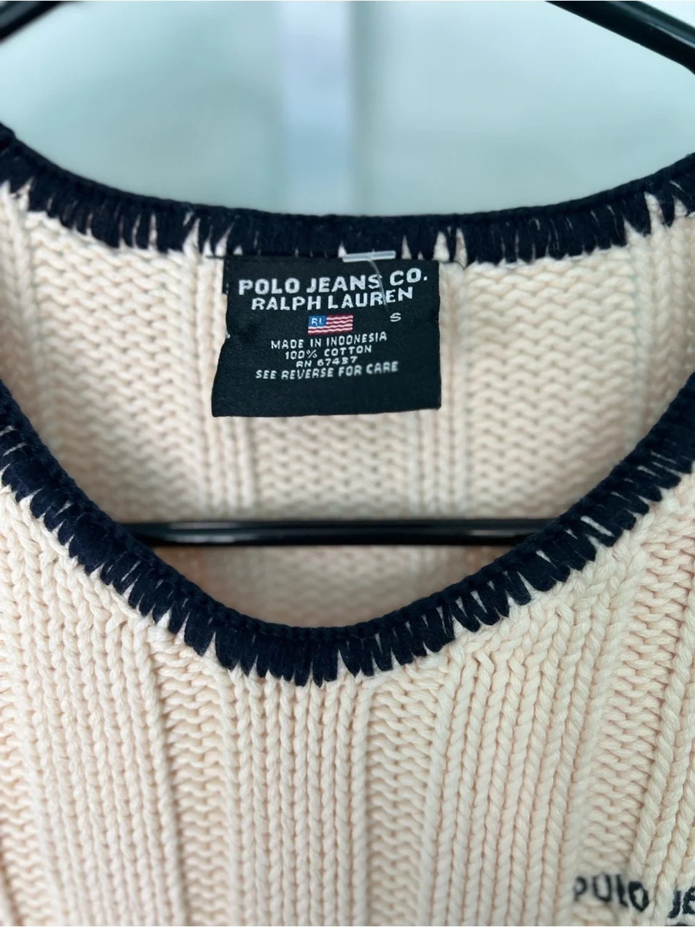 VTG Y2K Polo Jeans Co Ralph Lauren Flag Knit Sweater Cream Navy Blue Trim Small - Picture 3 of 8